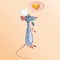 Funny Rat with a long pink tail, in a white chef s hat with a ladle in his paw standing and thinking about the cheese.