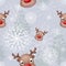 Funny reaindeer face on snowflakes winter holiday background. Cute hand drawn christmas illustration