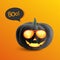 Funny realistic black pumpkin with cartoon smile face, isolated on orange background. Halloween sale. Vector