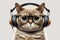 Funny realistic cat wearing big retro headphones