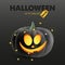 Funny realistic pumpkin with cartoon smile face, isolated on black background. Halloween sale. Vector illustration