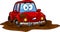 Funny Red Car Cartoon Character Stuck Mud Dirty Puddle