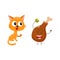 Funny red cat, kitten character looking heartily at chicken stick