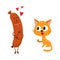 Funny red cat, kitten character looking heartily at tasty sausage