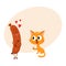 Funny red cat, kitten character looking heartily at tasty sausage