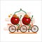 Funny red cherries in caps ride a tandem bicycle. Cartoon illustration. Vector.