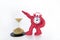 Funny red Clock with hourglass on white table. Daylight Saving Time Concept