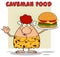 Funny Red Hair Cave Woman Cartoon Mascot Character Holding A Big Burger And Gesturing Ok