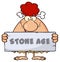 Funny Red Hair Cave Woman Cartoon Mascot Character Holding A Stone Sign With Text Stone Age