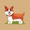 Funny red-haired welsh corgi standing on green grass.