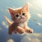 Funny red kitten flying in the sky