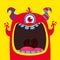Funny red one eyed horned cartoon monster. Funny monster with mouth opened wide. Halloween vector illustration.