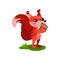 Funny red squirrel standing on green grass and eating acorn. Small wild animal with fluffy tail and tassels on ears