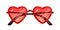 Funny red sunglasses with heart-shaped frame. Funky party glasses. Valentine design eyeglasses. Front view of quirky