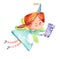 Funny redhead cute girl tooth fairy holding box. Watercolor hand drawn illustration. Fantasy butterfly winged magic