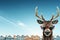 A funny reindeer with sunglass christmas greeting card template. Generative AI