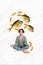 Funny relax young woman collage sitting comfortable meditation chill practicing rest dream about wild fish isolated on