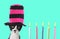 Funny retro birthday kitten with colorful top hat.