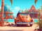 Funny retro car parked near the house on the sandy beach at the sea shore. Summer holiday and travel concept of beach vacation,