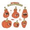 Funny retro cartoon pumpkin mascots, pumpkins groovy character set, cute Halloween or Thanksgiving set, funny vegetables