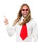 Funny retro hippie man pointing at copyspace
