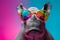 Funny rhinoceros wearing sunglasses in studio with a colorful and bright background. Generative AI