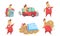 Funny Rich Millionaire in Different Situations Set, Fat Businessman Character in Red Suit with Money Bags Cartoon Vector