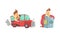 Funny Rich Millionaire Set, Fat Businessman Character Riding Luxury Car and Hugging Safe full of Money Cartoon Vector