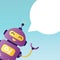 Funny robot with white speech bubble. Web banner template. Chatbot character for help. Virtual assistant, online client support