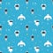 Funny robots seamless pattern, cheerful cartoon characters, flat vector illustration on blue background.