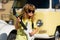 Funny rock child with guitar. Little boy in sunglasses. Kids music concept. Little musician playing guitar.