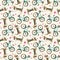 Funny romantic watercolor seamless pattern with pink hearts, basset hound dogs and turquoise retro bikes on a light background