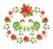 Funny roosters with tails and wings in shape of leaves. Red poppies and tulips and white daisies. Print for fabric