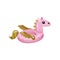 Funny rubber ring in shape of pink pegasus with golden wings and tail. Inflatable rubber ring. Floating children toy for