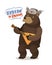Funny Russian bear in cap with earflaps plays balalaika. Welcome to Russia, lettering vector illustration