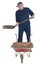 Funny Sad Worker with Shovel and Wheelbarrow Isolated