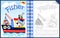 Funny sailor cartoon on boat with lot of fish, coloring book or page