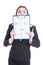 Funny sales woman holding clipboard with financial charts