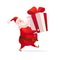 Funny Santa Claus character carry big gift box isolated. Vector flat cartoon illustration.