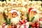 Funny Santa Claus, Snow Maiden, Christmas and New Year toys and decoration. Positive emotions. Festive Christmas winter trade