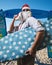 Funny santa claus surfer beach