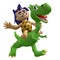 Funny savage boy rides on a cute dinosaur. 3D illustration.