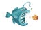 Funny scary fish devil chases cute little fish. Underwater animals. Sea creatures. Cartoon style illustration. Isolated