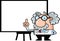 Funny Science Professor Cartoon Character Pointing To A White Presentation Board