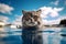Funny Scottish fold cat swimming in the pool with blue sky and clouds background