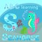 Funny sea animal alphabet S is for Seahorse Cute cartoon seahorse, red coral branch and seaweeds vector illustration Tropical sea