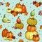 Funny seamless background with texture of ripe pumpkins on theme of the Halloween holiday party. Cute greeting card on