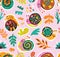 Funny seamless childish pattern with decorative snails, leaves and drops. Vector illustration