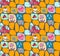Funny seamless patchwork pattern for children. Cute cartoon little cat with pink umbrella and bouquet of flowers, butterflies