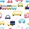 Funny seamless pattern with city transport. Cute cartoon background for kids. Nursery style